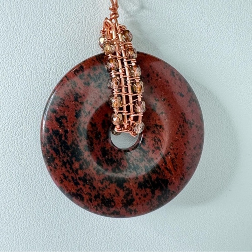Hand Crafted Mahogany Jasper Wire Wrapped Focal Necklace with Beads 24” 45mm NWT - Picture 3 of 6